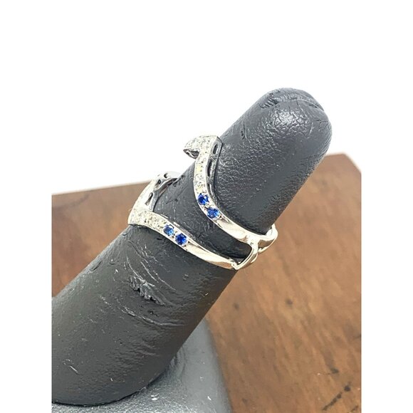 Engagement Ring Guard 14k White Gold Diamond Blue Gemstone Wedding Band Size 5.5 - Picture 7 of 15
